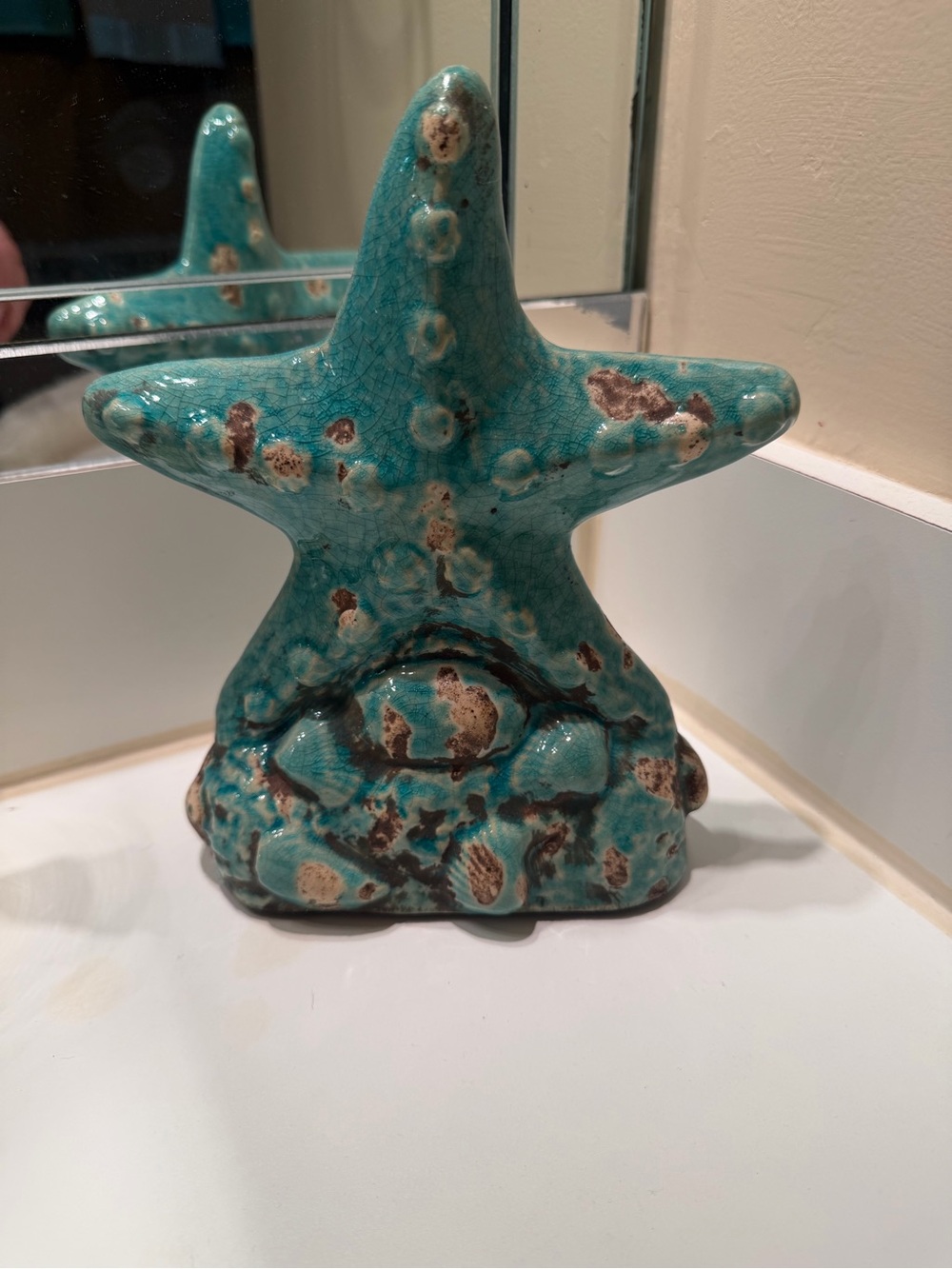 Vibrant Teal Crackle Glaze Ceramic Starfish Figurine Beach Coastal Decor